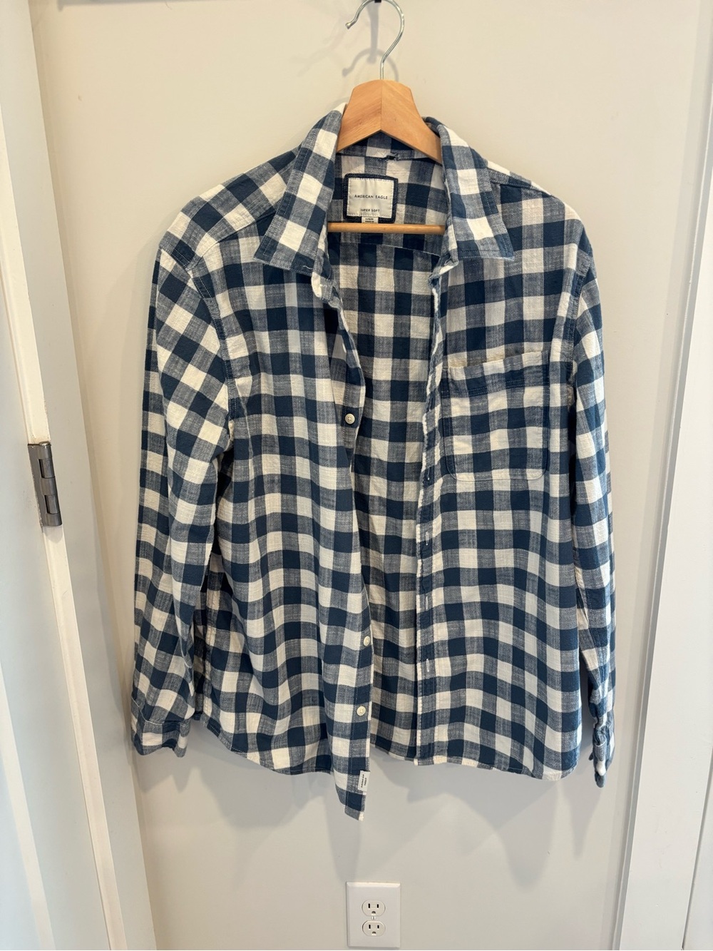 American Eagle Outfitters Navy and White Check Button-Down Shirt